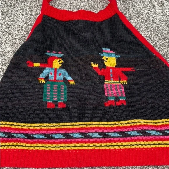 1970s Betsey Johnson Alley Cat Knit Two Piece Halter Set in Happy People Print - Picture 3 of 11